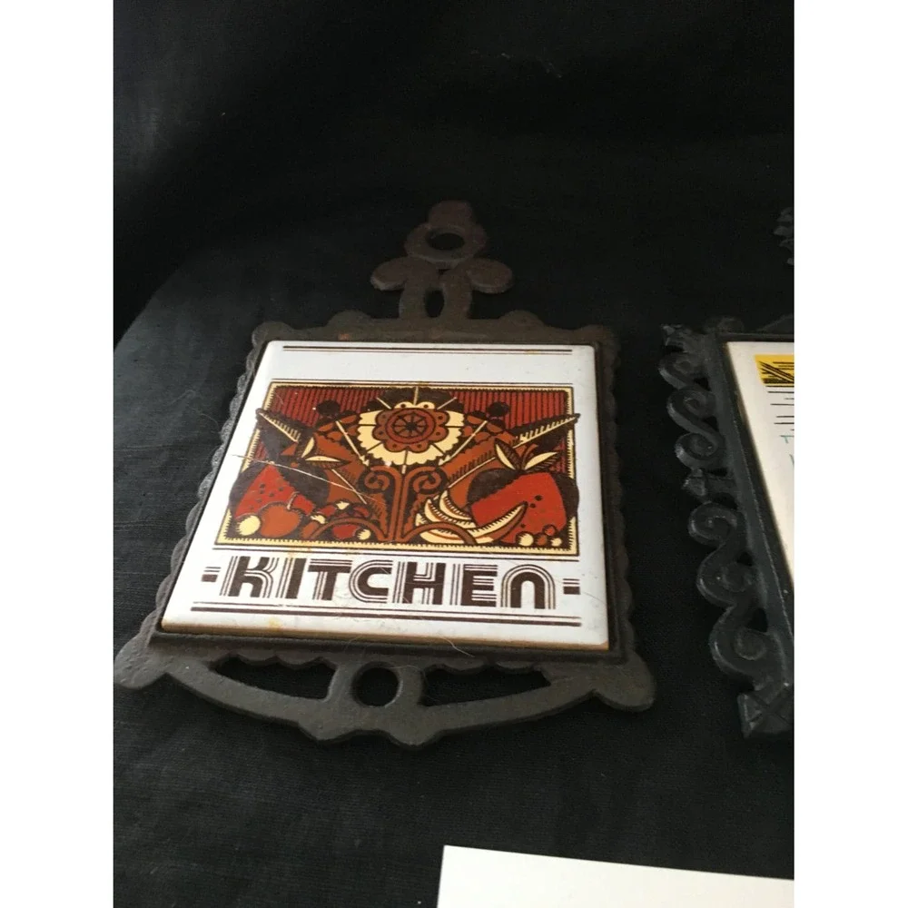 Set of 2 CHERRY cast iron vintage screen printed and cast iron‎ trivet